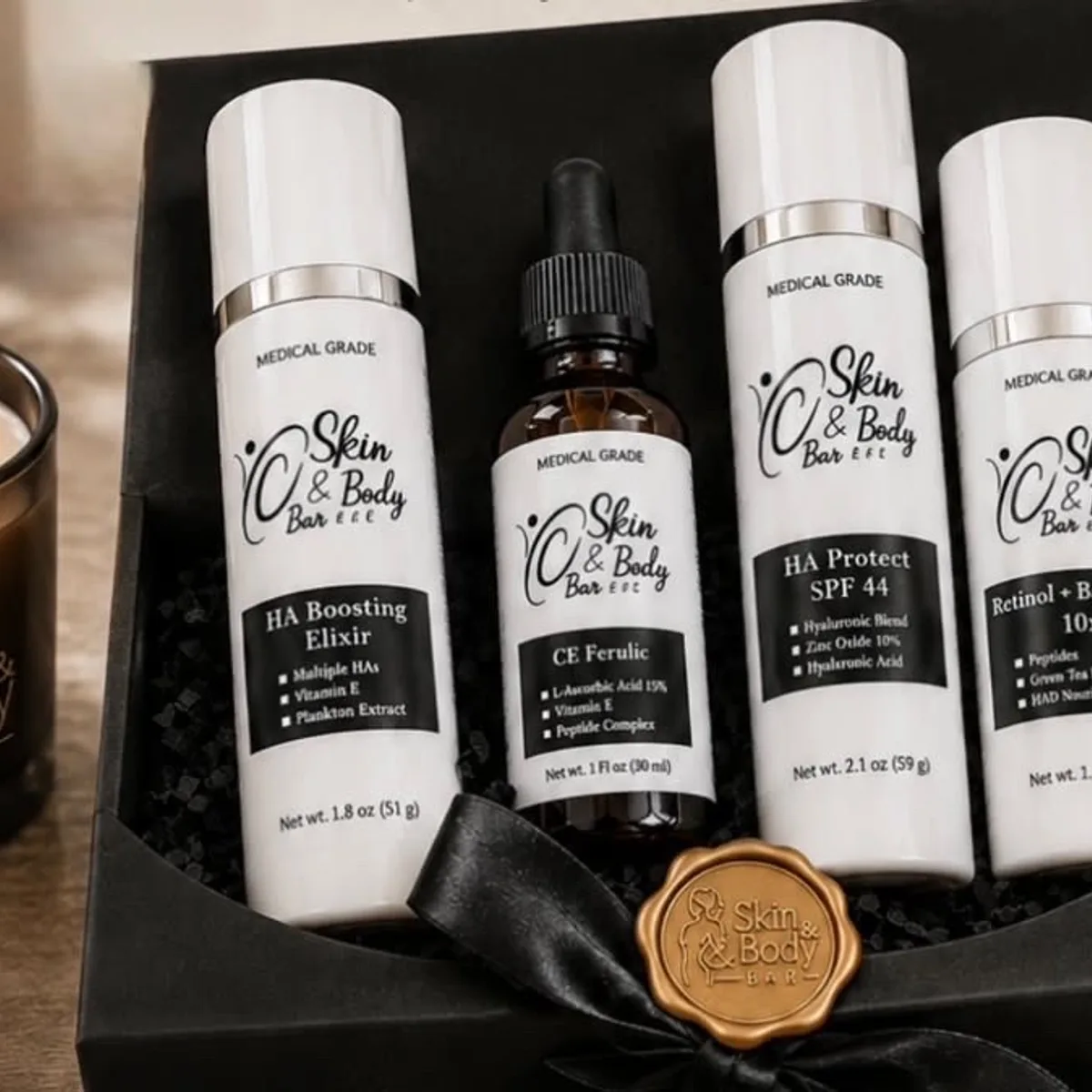 Skin & Body Bar medical grade skincare set: HA Boosting Elixir, CE Ferulic, SPF 44 and Retinol