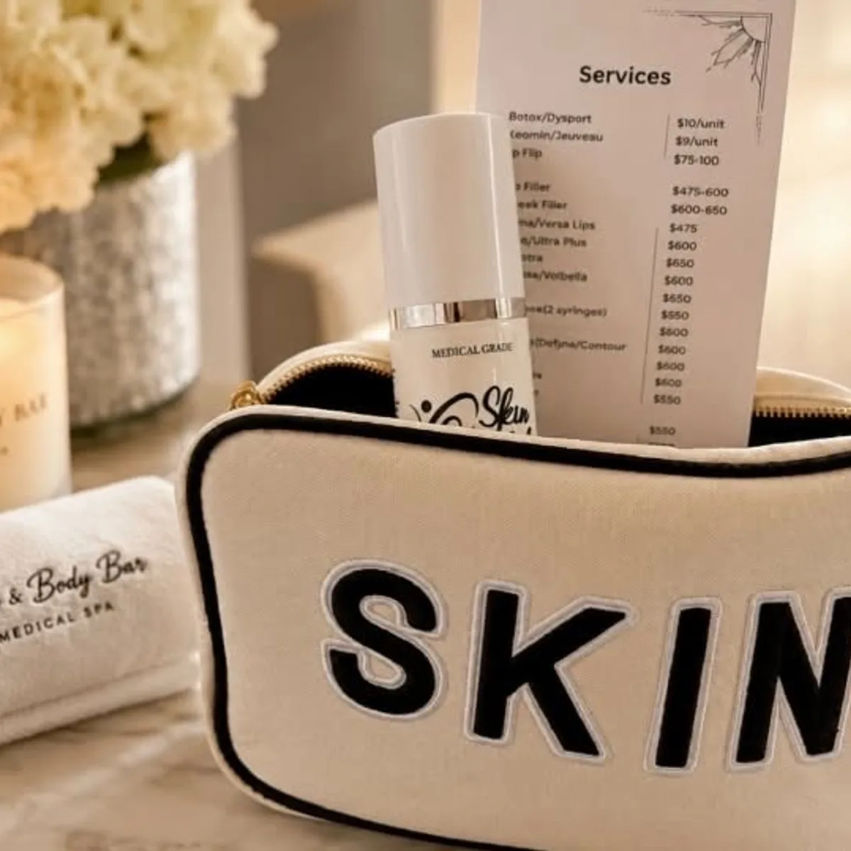 A Skin & Body Bar welcome kit with the treatment menu